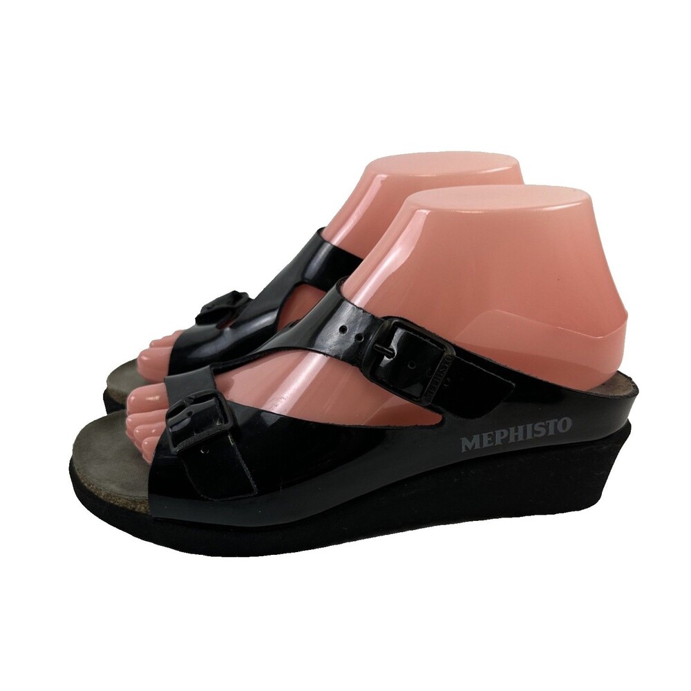 Mephisto Elka Slide Wedge Sandal Black Patent Leather Slip On Buckle Women 37 7